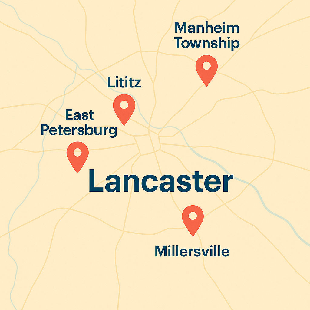 Lancaster, Pennsylvania service map with markers for Manheim Township, Lititz, Millersville, East Petersburg, and Mountville.