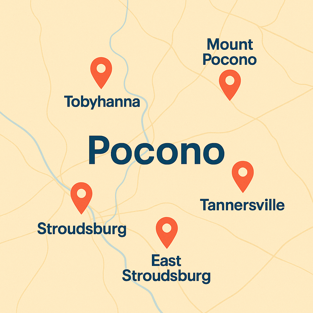 Pocono Mountains service area map showing Stroudsburg, East Stroudsburg, Mount Pocono, and surrounding towns.