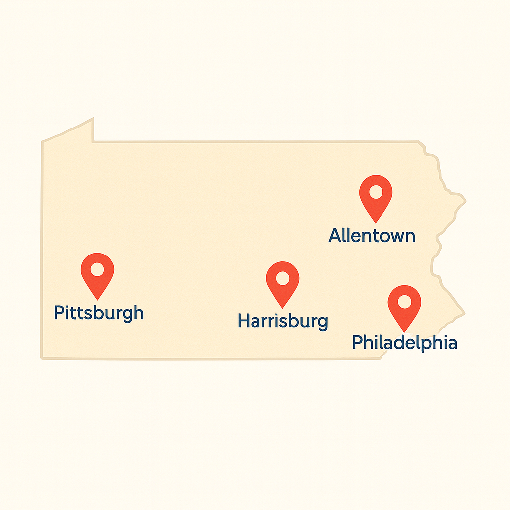 Pennsylvania service area map showing Meals America delivery route with pins in Philadelphia, Harrisburg, Allentown, and Pittsburgh.